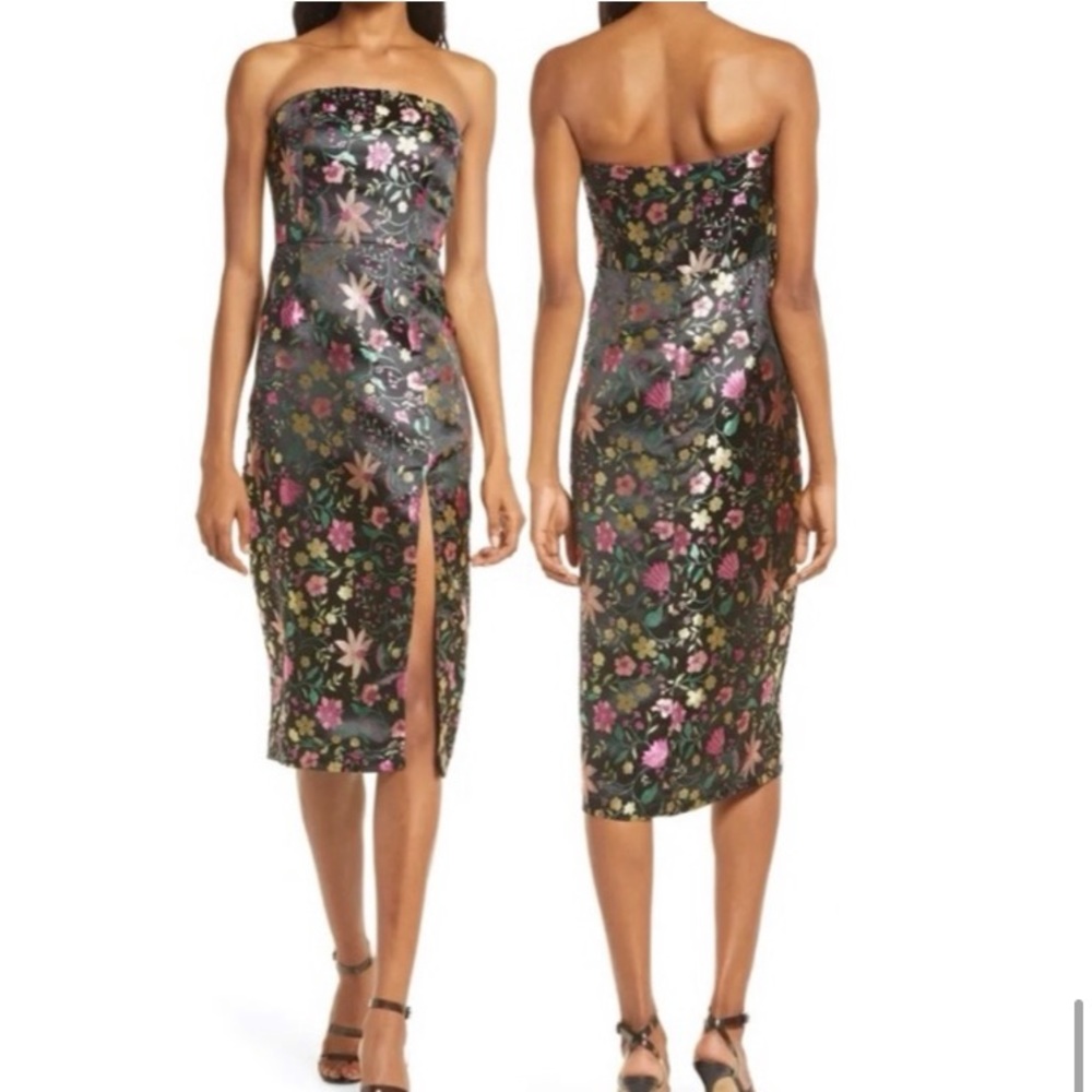 ❤️ Lulus Make a Move Black Satin Floral Jacquard Strapless Midi Dress